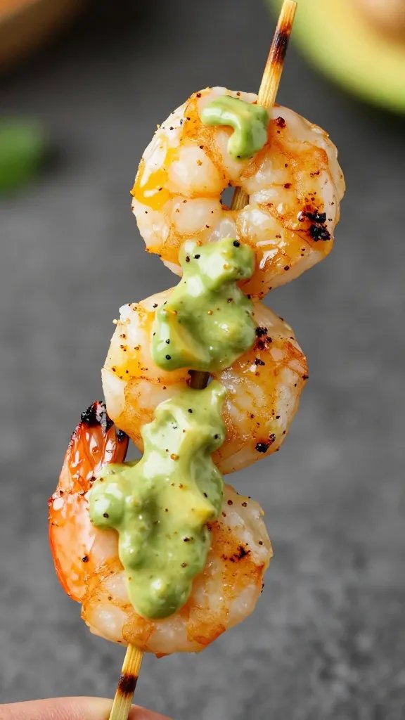 single grilled shrimp skewer brushed with avocado-citrus dressing