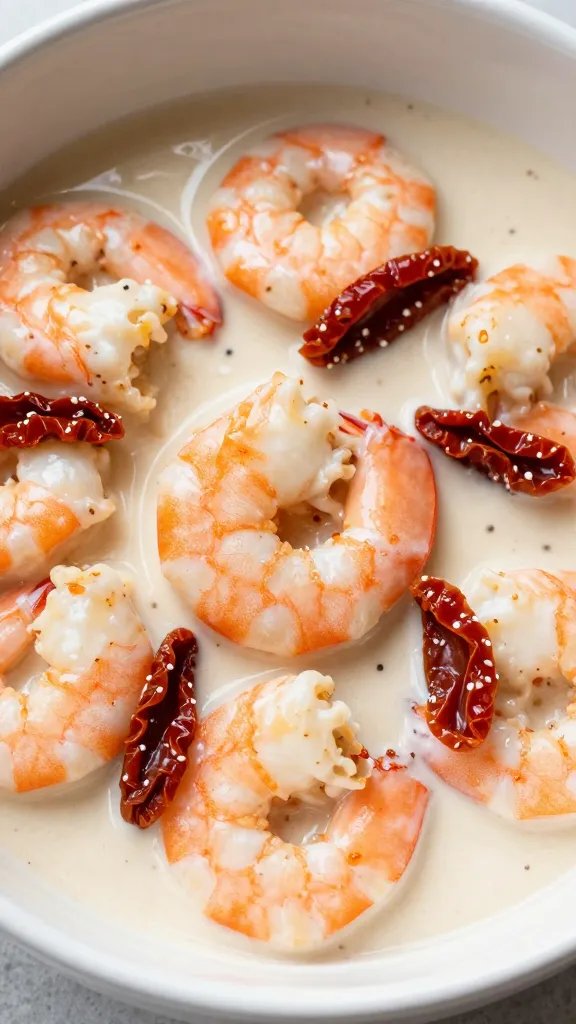 closeup bowl of keto creamy tuscan shrimp, sun-dried tomatoes