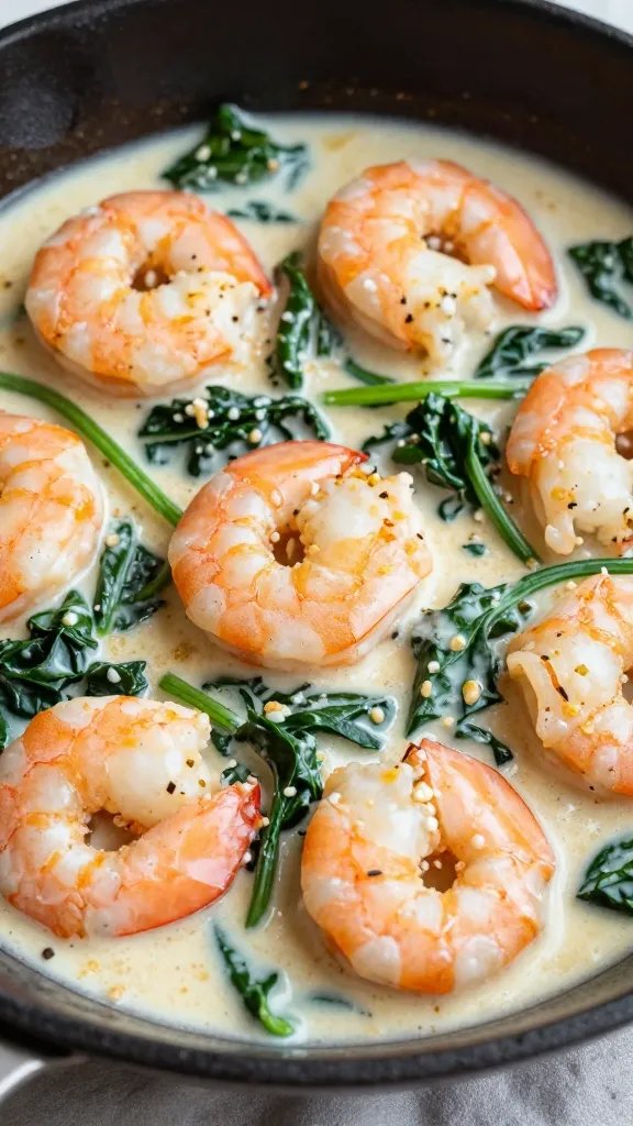 skillet shrimp in parmesan cream sauce with wilted spinach, closeup