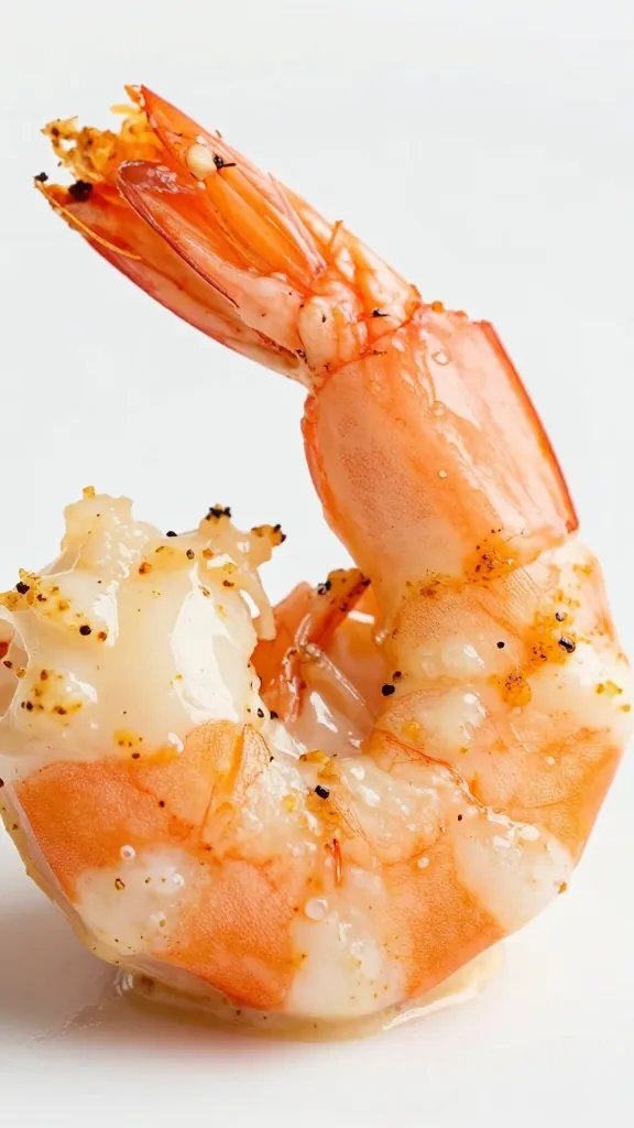 single seared shrimp coated in garlicky cream, macro shot