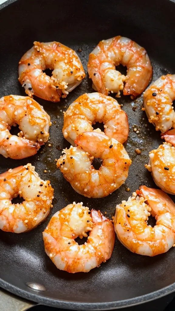 closeup skillet of garlic parmesan shrimp, golden crust