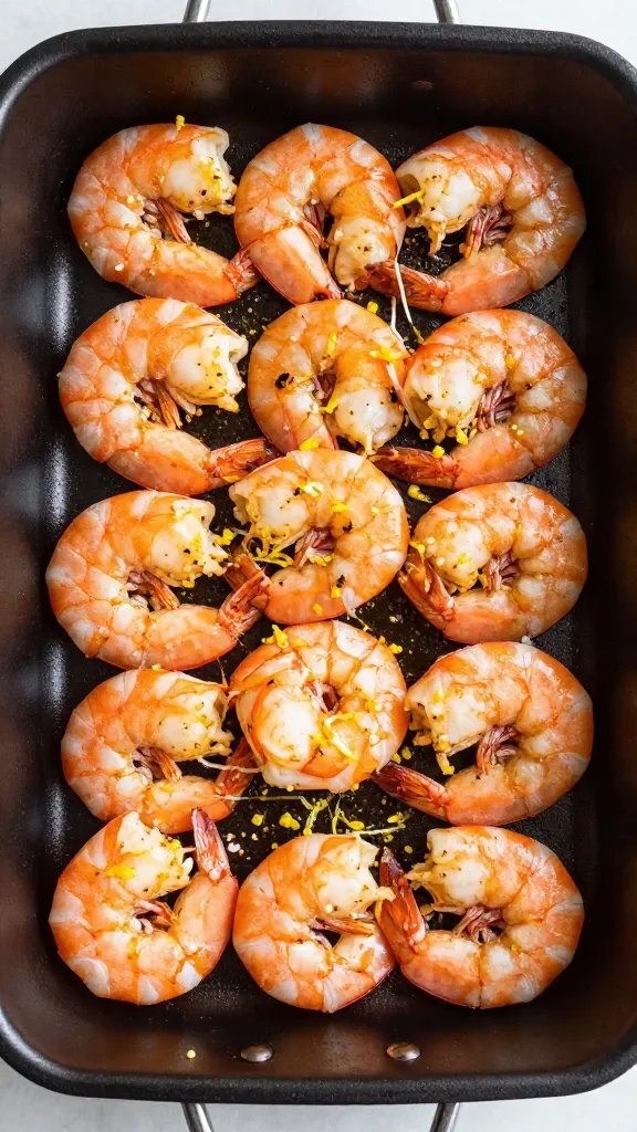 single sheet pan garlic butter shrimp, lemon zest garnish