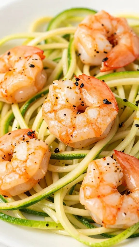 plated keto garlic parmesan shrimp over zucchini noodles, closeup
