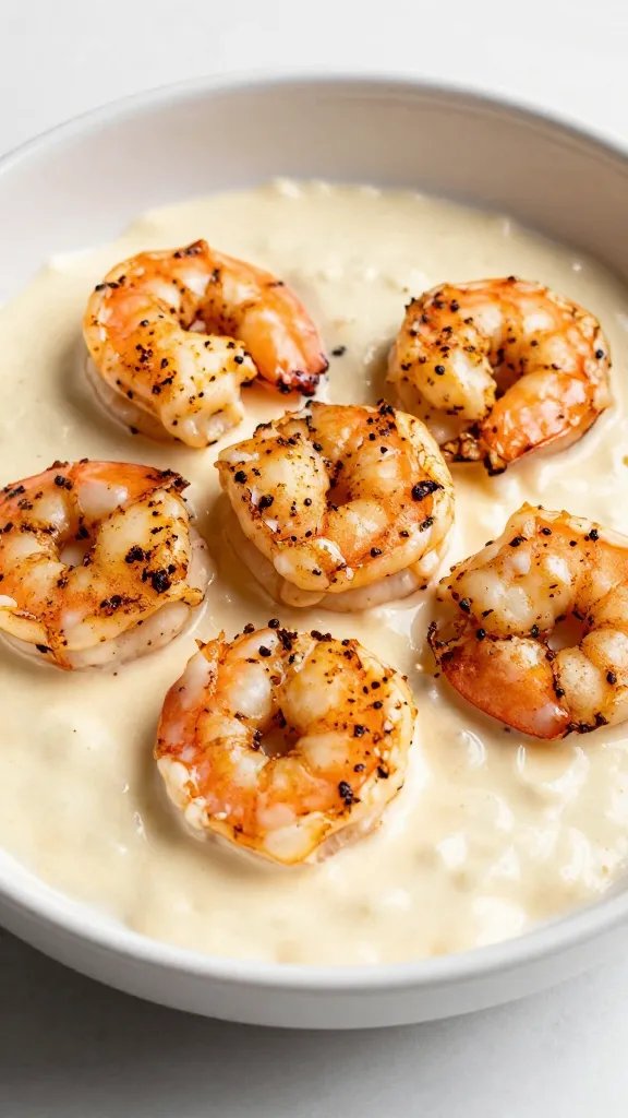 seared Cajun shrimp on creamy Alfredo sauce, shallow bowl