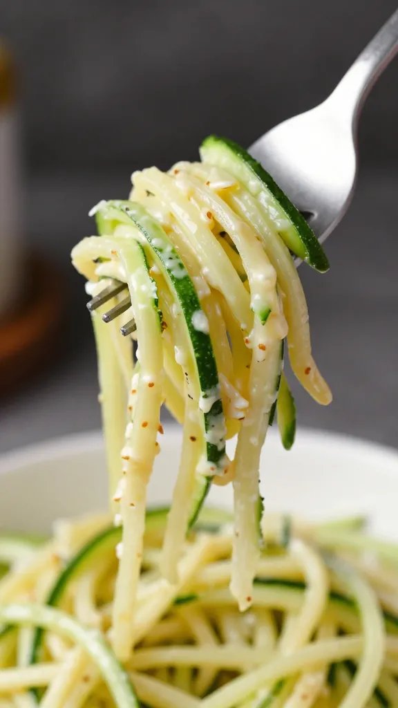 spiralized zucchini noodles coated in Alfredo, single forkful