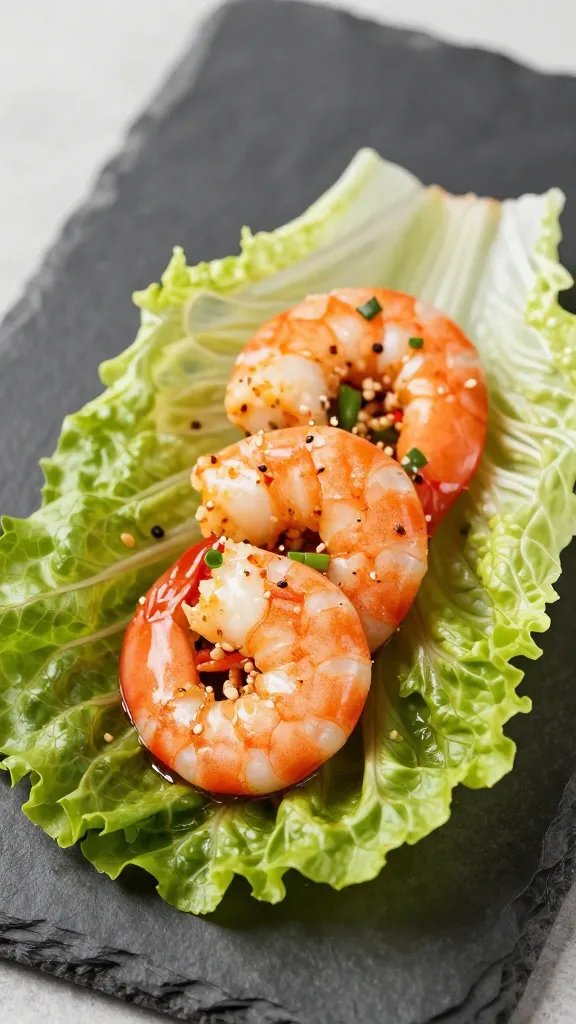 closeup spicy keto shrimp lettuce wrap on slate plate