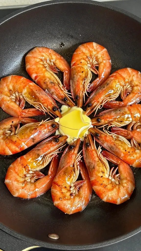 seared chili shrimp in skillet with glistening butter