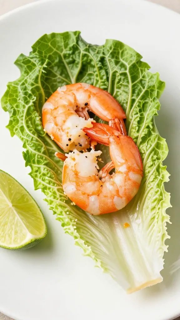 romaine leaf cradling saucy shrimp, lime wedge nearby