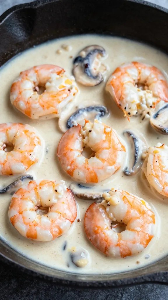 Cast-iron skillet shrimp in creamy mushroom garlic sauce, closeup