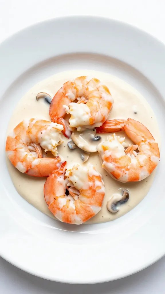 Single white plate of keto shrimp with silky mushroom cream