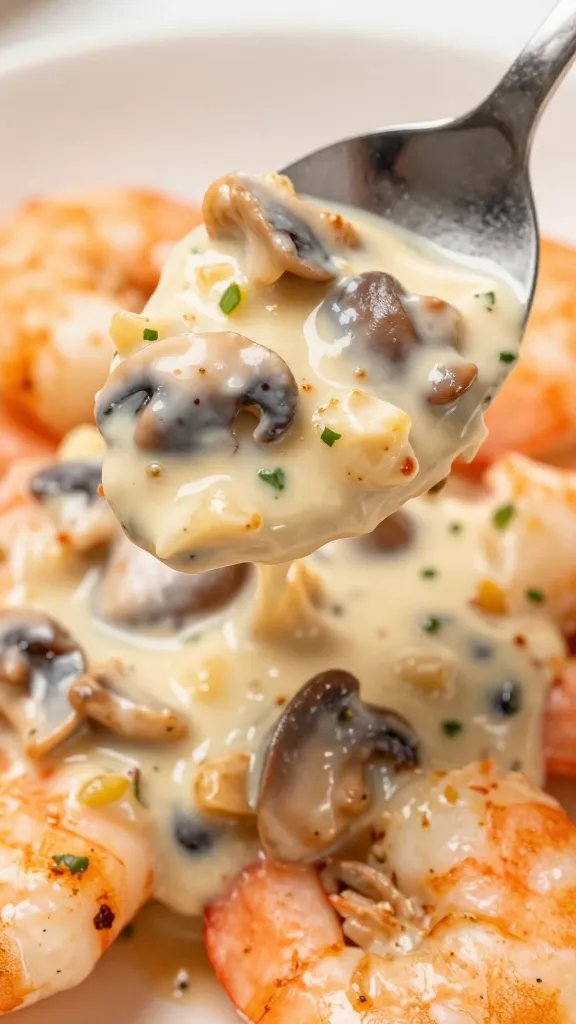 Spoon lifting creamy garlic mushroom sauce over seared shrimp, macro closeup