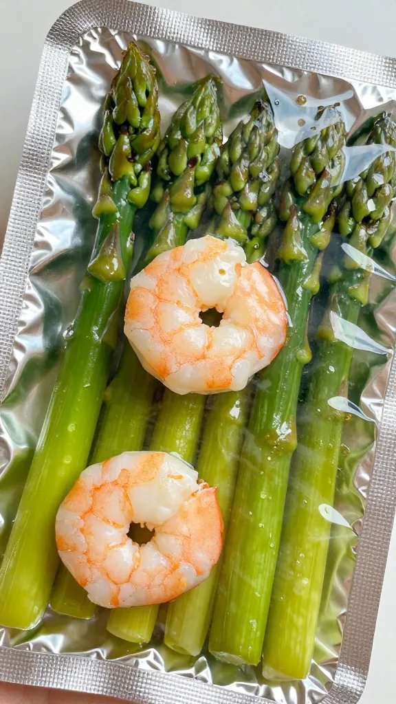 closeup foil pack of garlic butter shrimp and asparagus