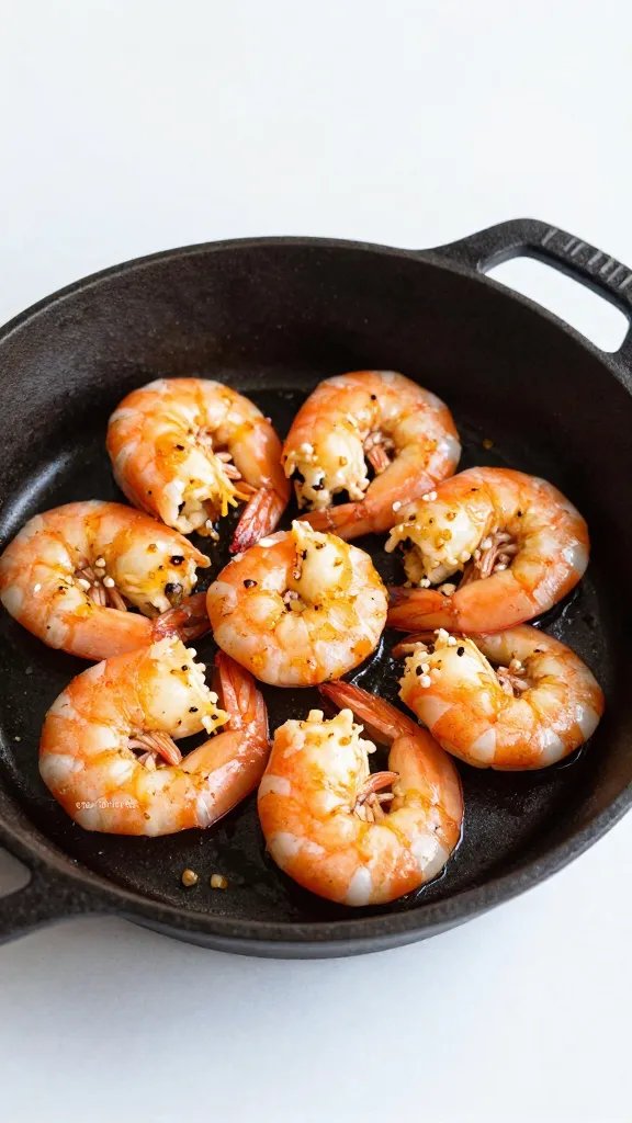 single cast-iron skillet with sizzling garlic butter shrimp
