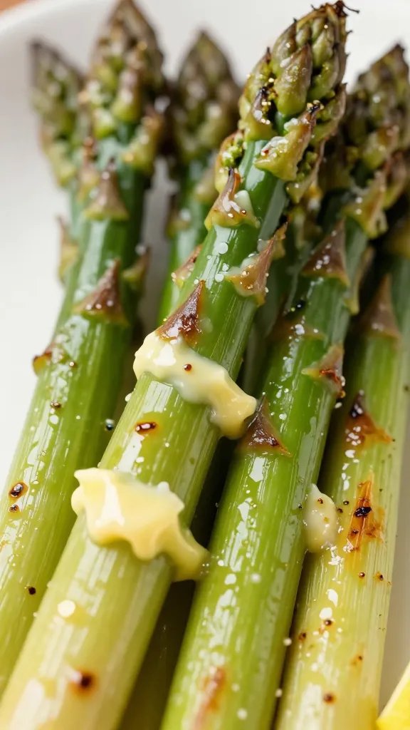 lemon-draped grilled asparagus spear with butter gloss closeup