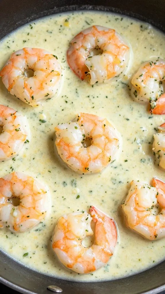 closeup skillet of keto shrimp in creamy lemon dill sauce
