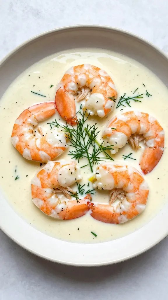 single plate of shrimp in lemon dill cream, overhead
