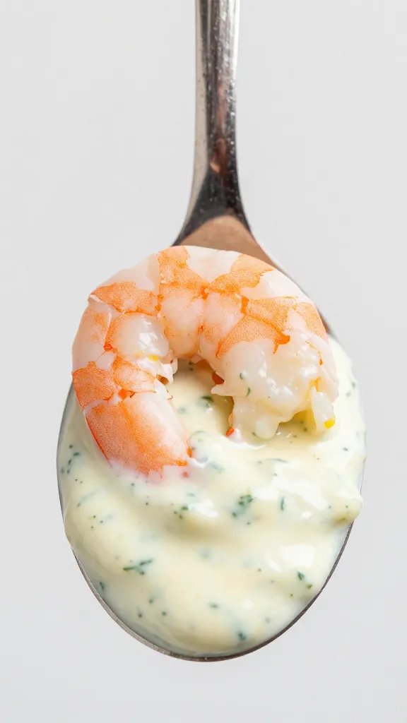 spoonful of creamy lemon dill sauce with shrimp, macro shot
