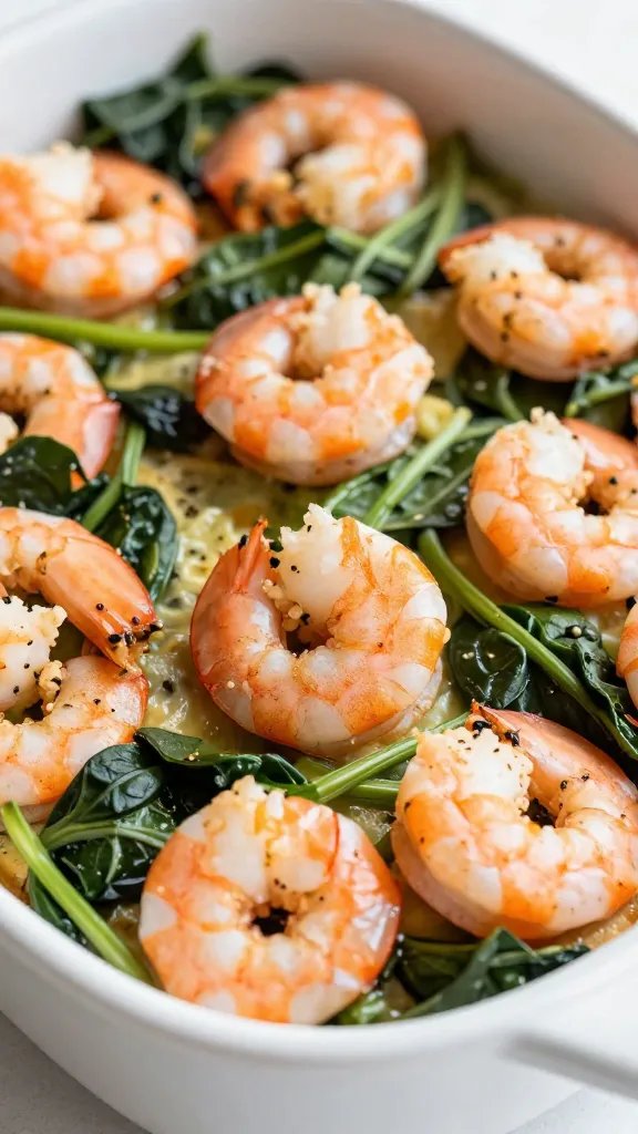 closeup of keto shrimp and spinach casserole in white baking dish