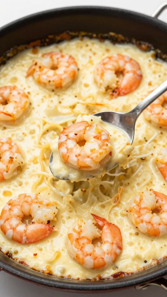 spoonful of creamy garlic shrimp casserole held over pan