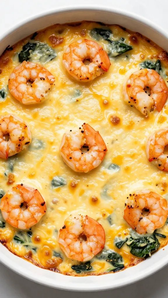 golden melted cheese crust on shrimp spinach casserole, overhead shot