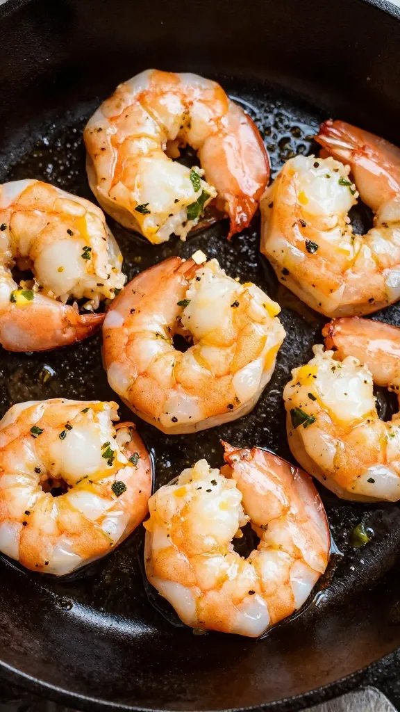 closeup skillet of lemon herb keto shrimp, cast-iron, buttery gloss