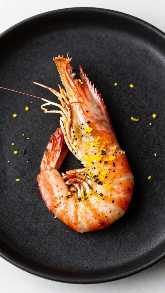 single seared shrimp on black plate with lemon zest and herbs