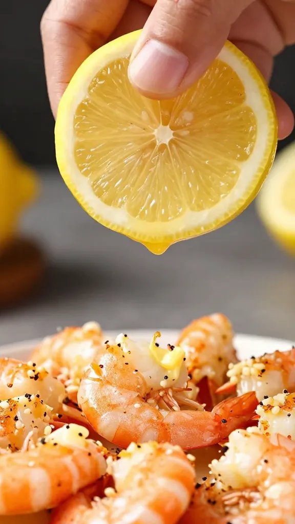 closeup lemon wedge squeezed over garlicky shrimp, butter glisten