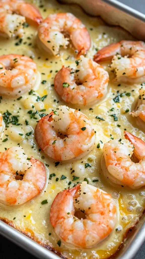 closeup of keto garlic herb shrimp bake on sheet pan
