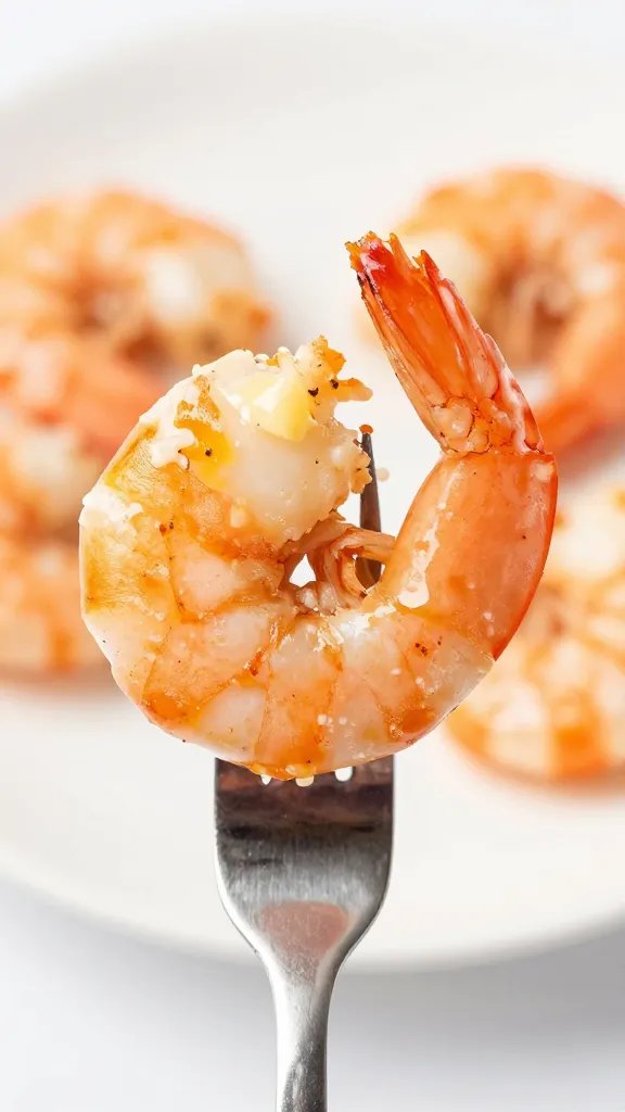 single roasted shrimp on fork, butter garlic glaze