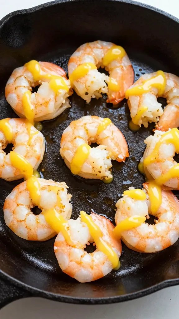 lemon-butter drizzle over shrimp in cast-iron skillet