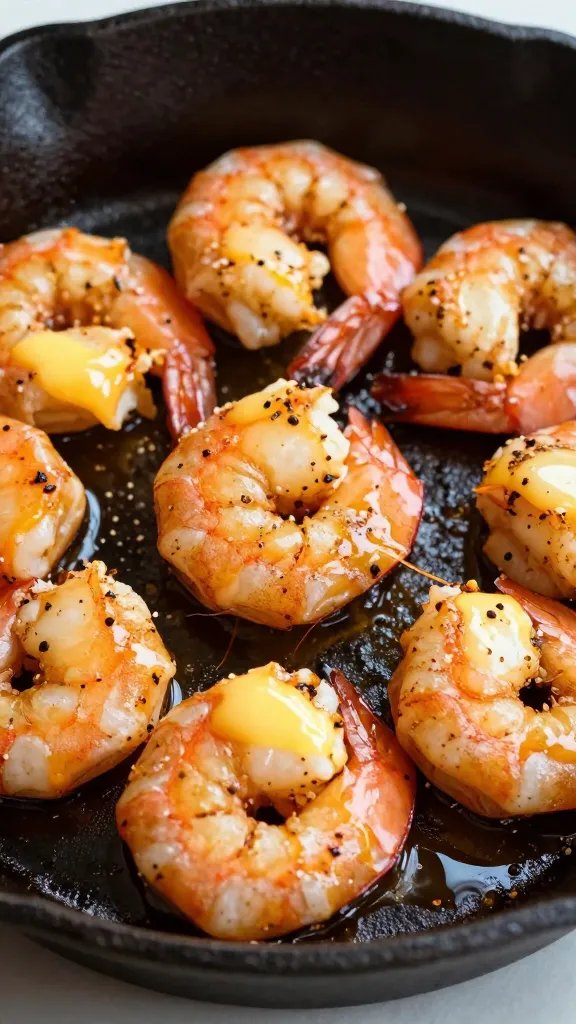 Cajun-seasoned shrimp in cast-iron skillet, buttery glaze closeup