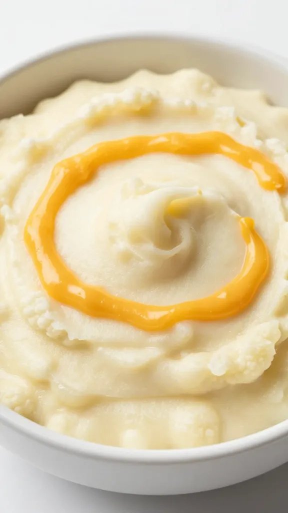 Cheesy cauliflower mash in white bowl, melted cheddar swirls
