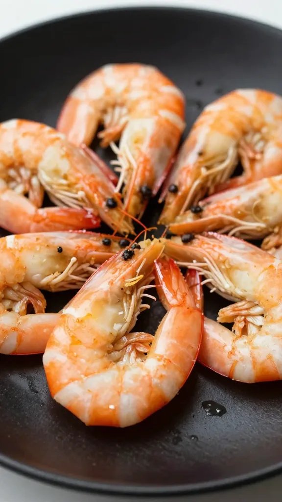 Garlic butter-coated shrimp on matte black plate, tight macro
