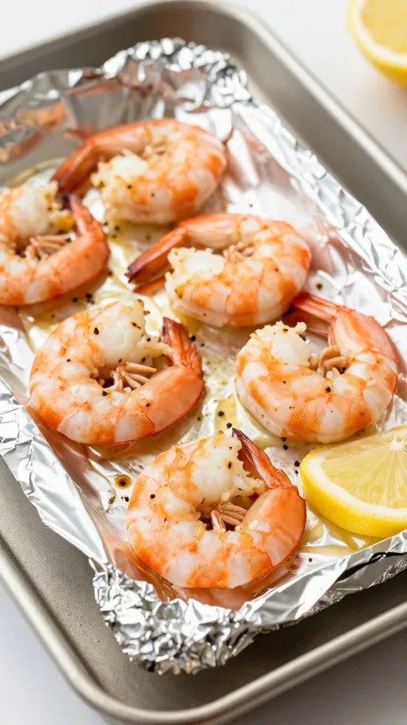 closeup keto lemon garlic shrimp foil packet on baking tray