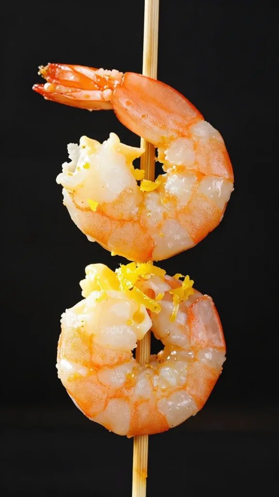 single buttered shrimp skewer with lemon zest, macro shot