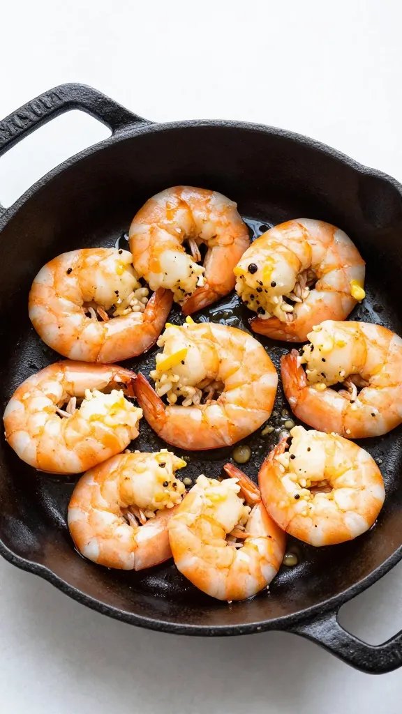 cast-iron skillet shrimp in garlic lemon butter, overhead closeup
