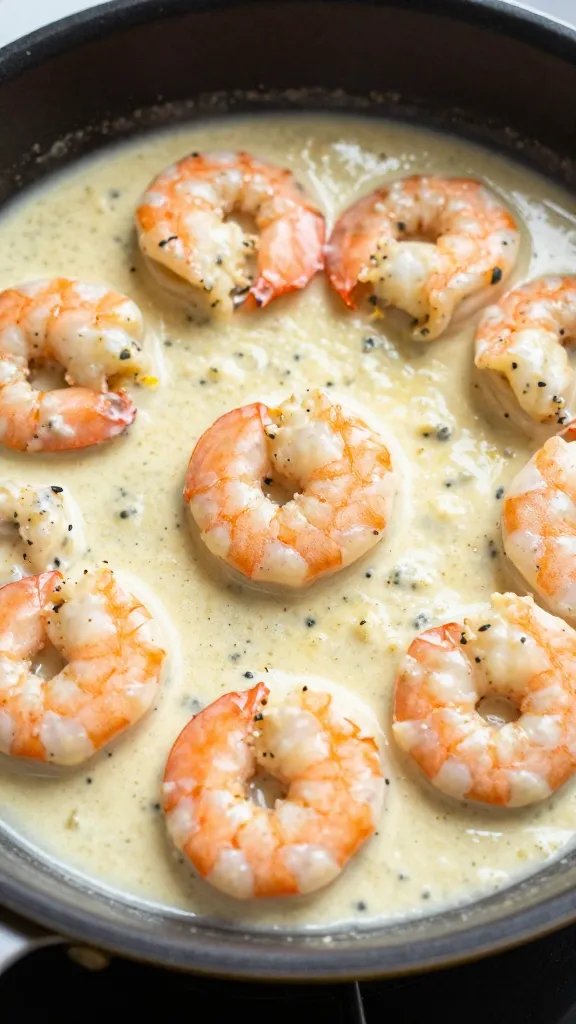 Closeup skillet of keto shrimp in creamy garlic Parmesan sauce