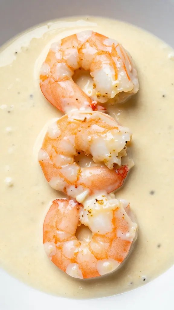 Single plated keto shrimp in creamy garlic Parmesan sauce, overhead