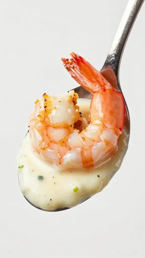 Spoonful of creamy garlic Parmesan sauce over one seared shrimp, macro