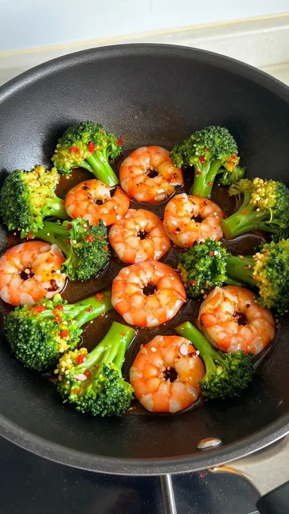 single skillet of shrimp and broccoli, chili oil sheen