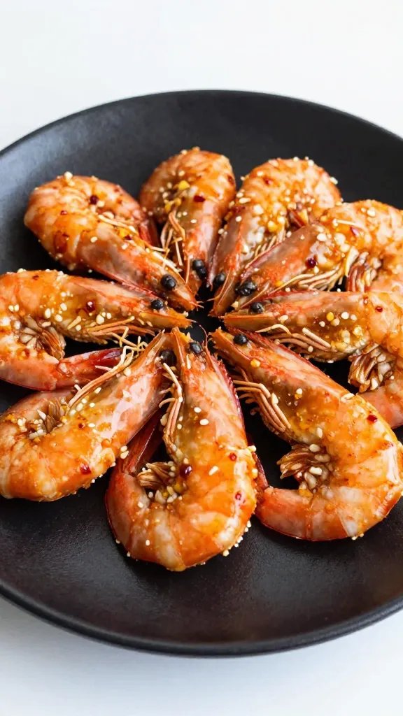 shrimp coated in garlic-chili sauce on black plate