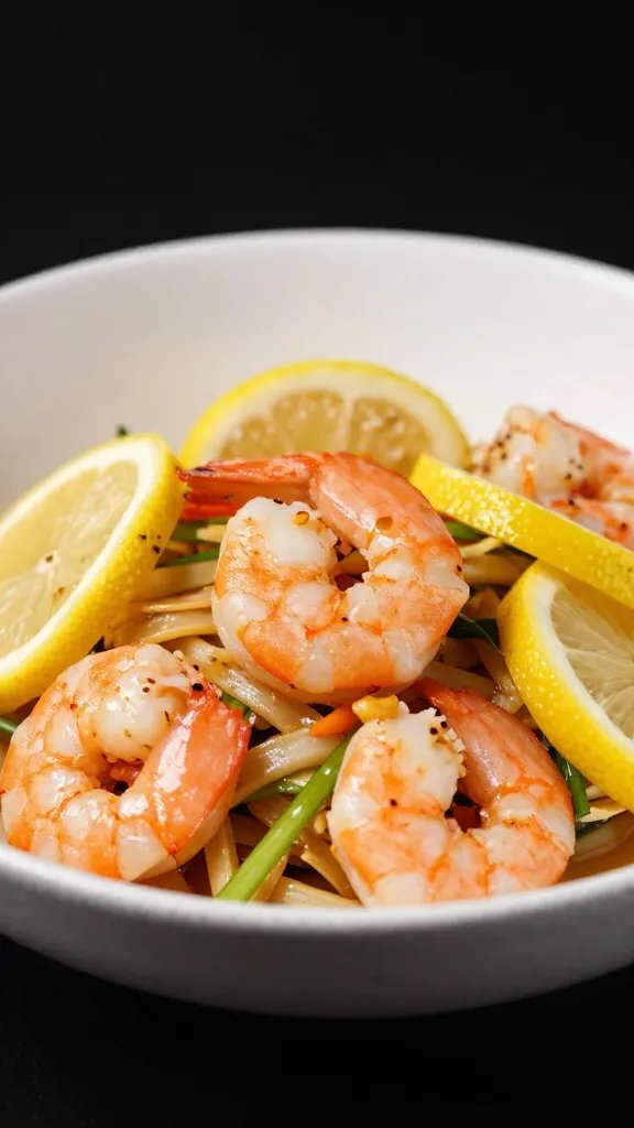 closeup bowl of lemon-garlic shrimp stir-fry, black background