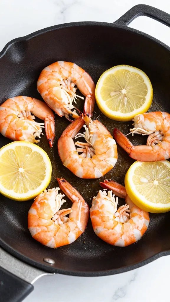 single skillet of keto shrimp with zesty lemon slices