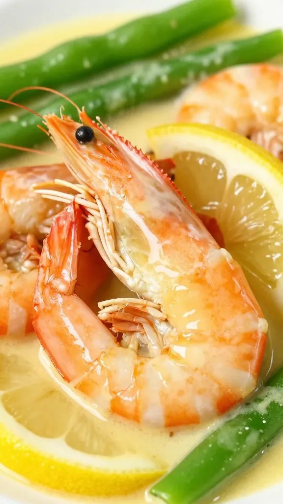 closeup of glossy shrimp in lemon butter sauce, green beans