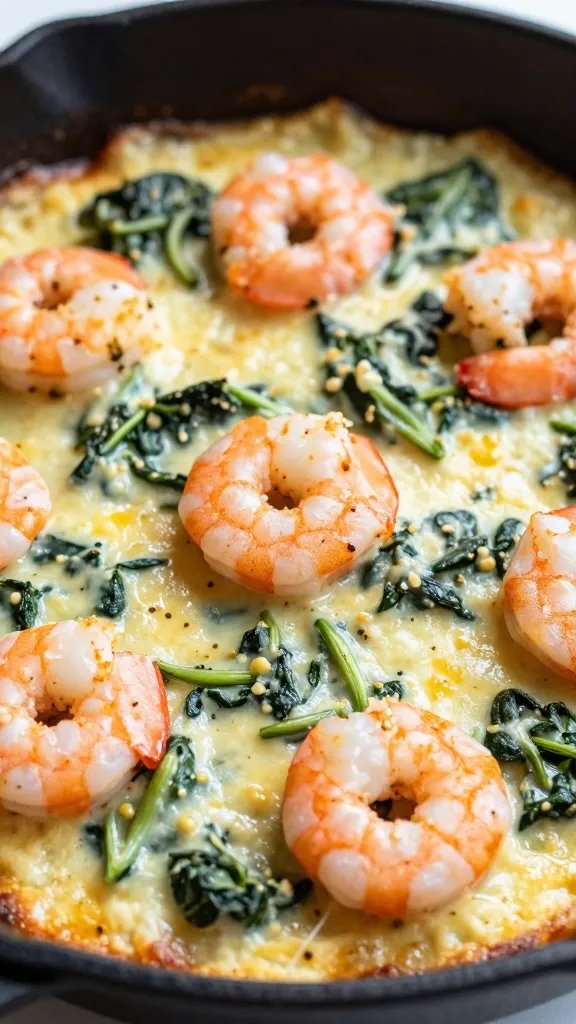 closeup of keto shrimp and cheesy spinach bake in skillet