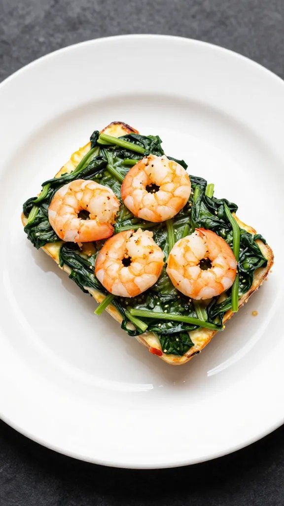 single serving of shrimp spinach bake on white ceramic plate