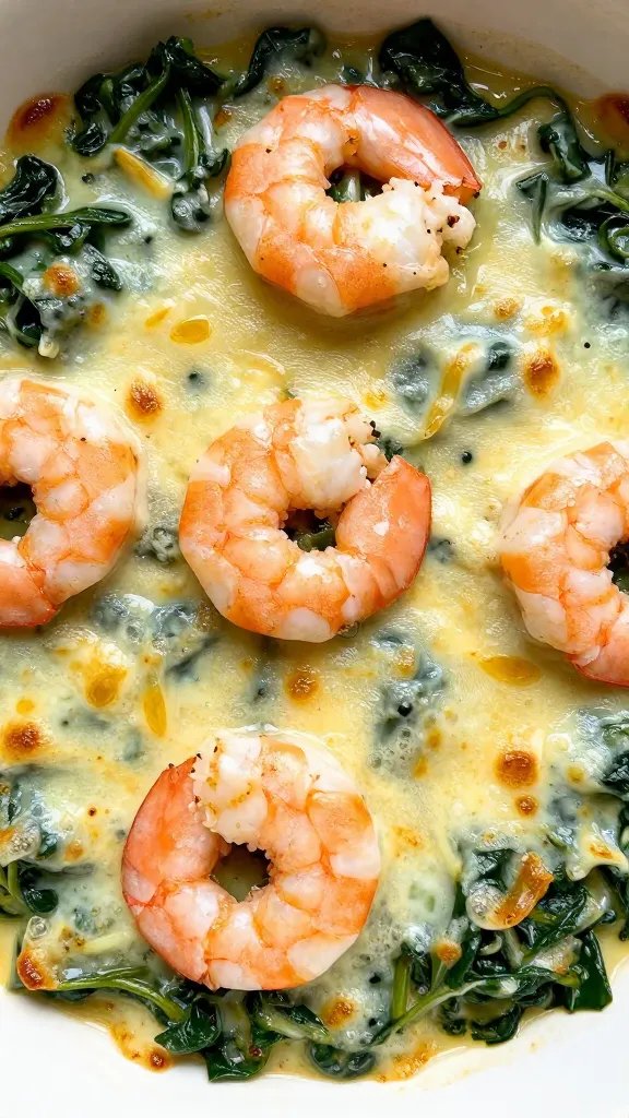 bubbling three-cheese spinach sauce with shrimp, overhead closeup
