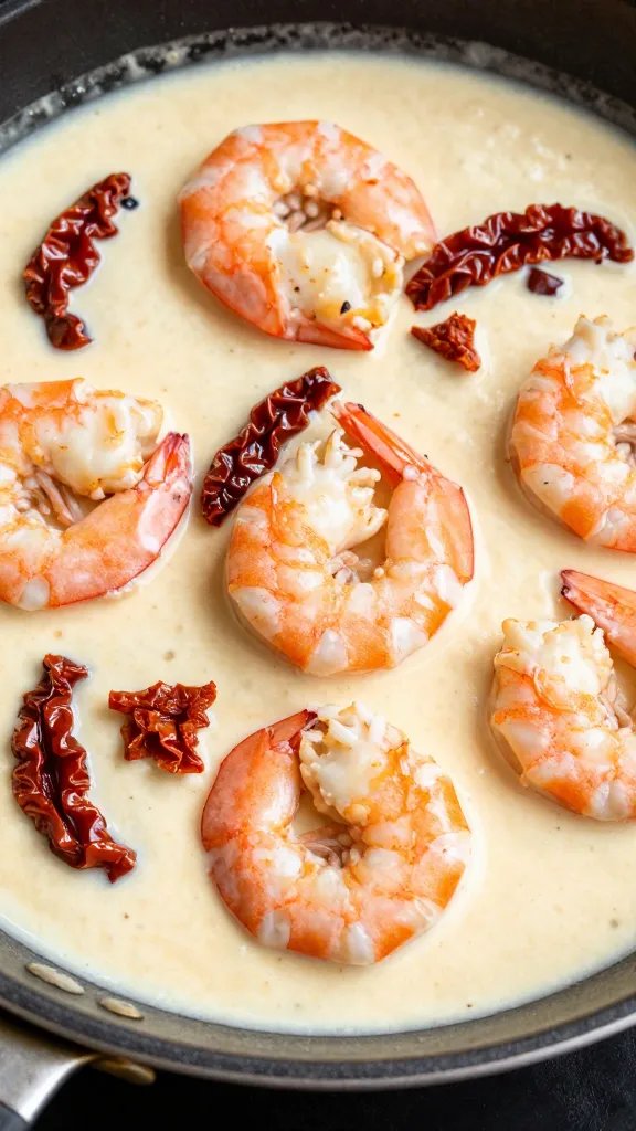 closeup skillet of creamy Tuscan shrimp with sun-dried tomatoes