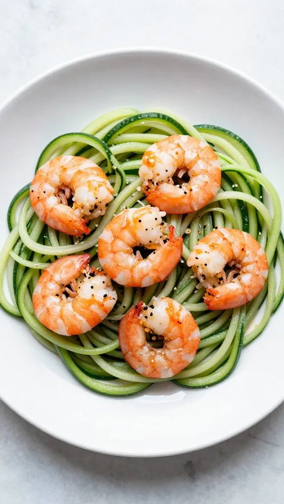 single plate of keto Tuscan shrimp over zoodles, overhead