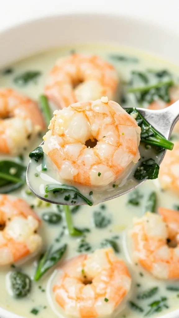 closeup spoonful of creamy garlic shrimp with spinach, studio lighting